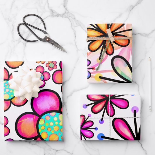 Farbvolles Muster der Doodle-Blume der 70er Jahre Geschenkpapier Set (Vorderseite)