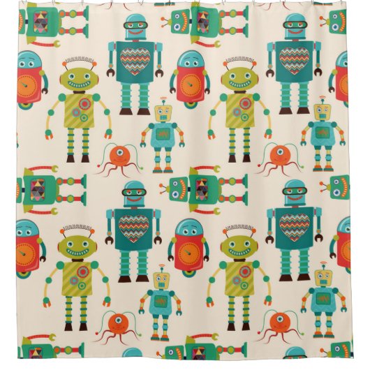 Farbvolles Muster für Retro-Roboter Duschvorhang (Vorderseite)
