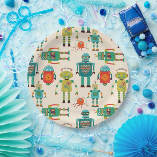 Farbvolles Muster für Retro-Roboter Pappteller (Party)
