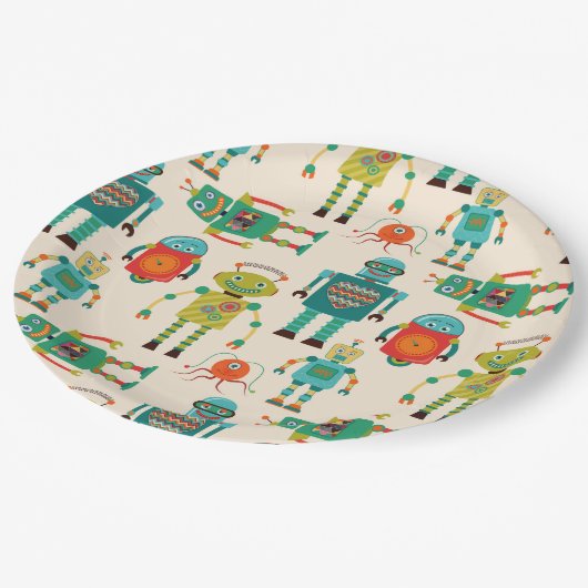 Farbvolles Muster für Retro-Roboter Pappteller (Schrägansicht)