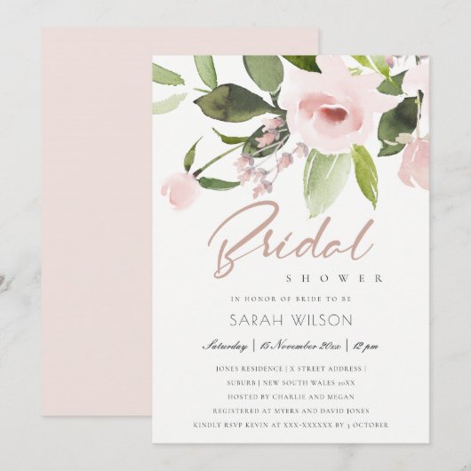 FARBWASCHEN BLUSPINK FLORAL BRAUTPARTY EINLADUNG (Vorne/Hinten)