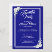 Farewell Elegantes Script Blue White Rose Party Einladung (Vorderseite)