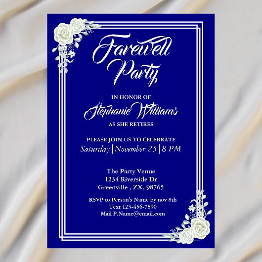 Farewell Elegantes Script Blue White Rose Party Einladung