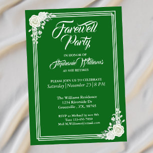 Farewell Elegantes Script Green White Rose Party Einladung