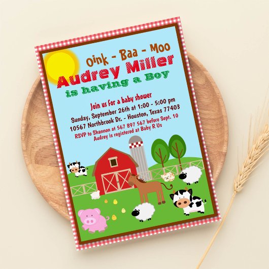 Farm Animal Barnyard Baby Shower Einladung