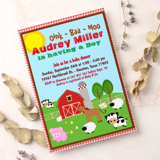 Farm Animal Barnyard Baby Shower Einladung
