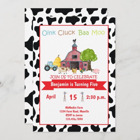 Farm Animal Barnyard Geburtstag Einladung Kinder (Vorne/Hinten)