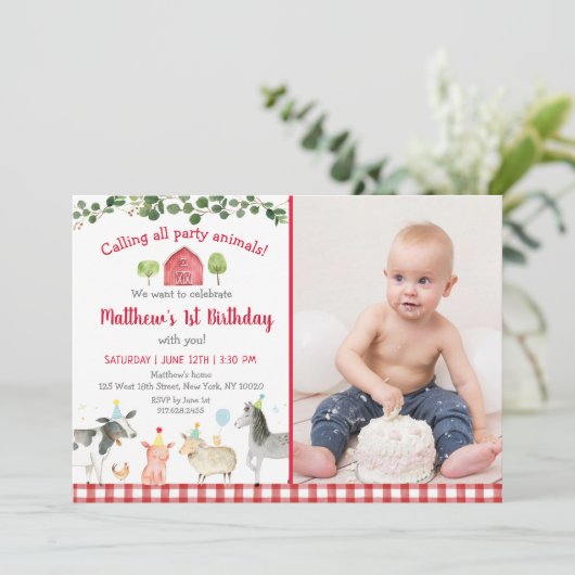 Farm Animal Barnyard Grüne Geburtstag Einladung (Stehend Vorderseite)