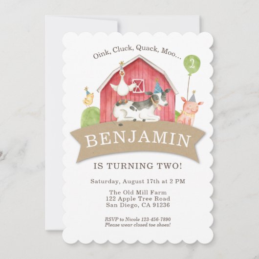 Farm Animal Birthday Party Roter Karo Junge oder M Einladung (Vorderseite)