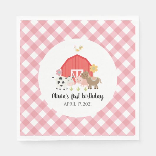 Farm Animal Birthday Party Servietten rosa kariert (Vorderseite)