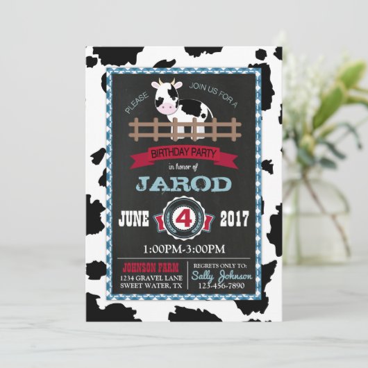 Farm Animal Cowhide Gingham Country Boy Birthday Einladung (Stehend Vorderseite)
