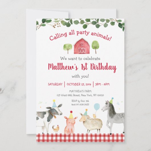 Farm Animal Greenerity 1. Geburtstag Einladung (Vorderseite)