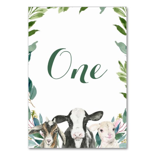 Farm Animal Greenery Boy Baby Shower Tischnummer (Vorderseite)
