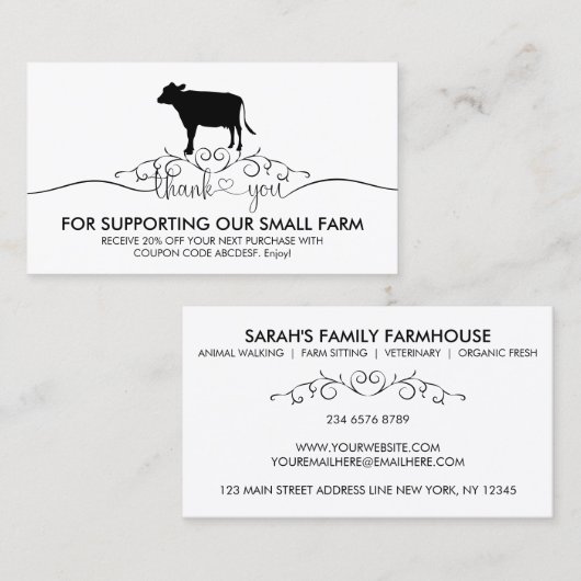 Farm Animal Veterinary Cow Vielen Dank Visitenkarte (Vorne/Hinten)