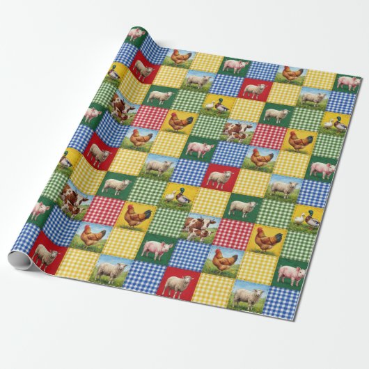 Farm Animals and Gingham Patchwork Quilt Geschenkpapier (Ungerollt)