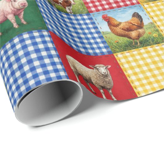 Farm Animals and Gingham Patchwork Quilt Geschenkpapier (Rolleneckpunkt)