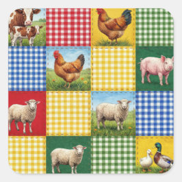 Farm Animals and Gingham Patchwork Quilt Quadratischer Aufkleber