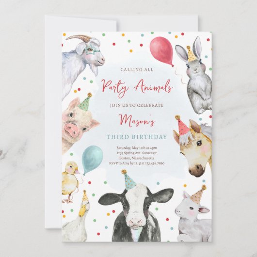 Farm Animals Birthday Boy Barnyard Birthday Party Einladung (Vorderseite)