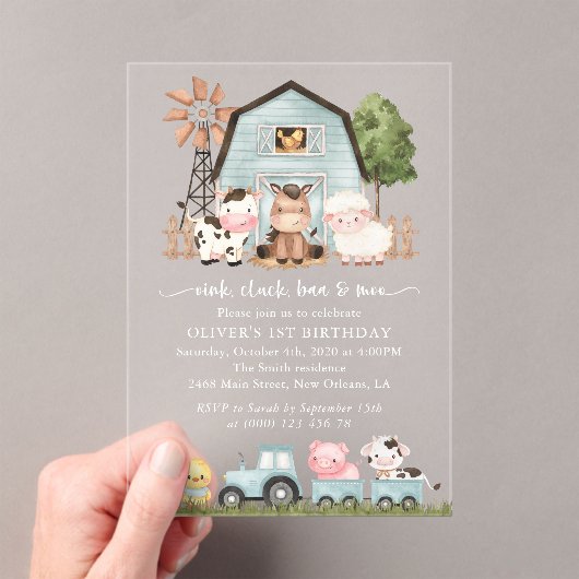 Farm Animals, Cute Animals, Barn, First Birthday Acryleinladungen (Insitu (Handheld))