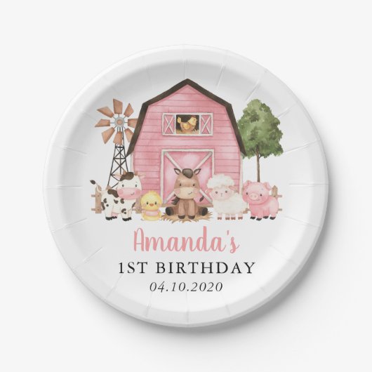 Farm Animals, Cute Animals, Barn, First Birthday Pappteller (Vorderseite)