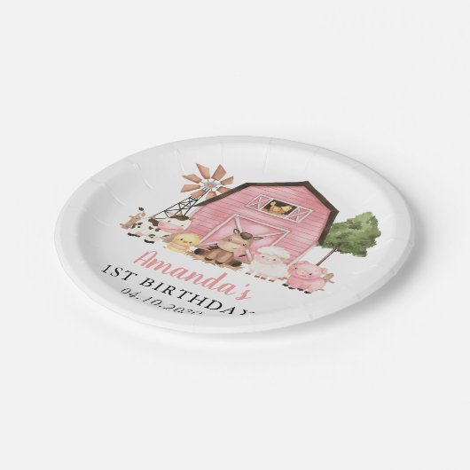Farm Animals, Cute Animals, Barn, First Birthday Pappteller (Schrägansicht)