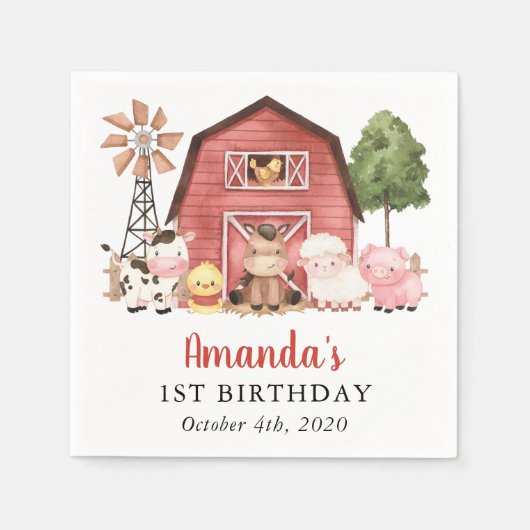 Farm Animals, Cute Animals, Barn, First Birthday Serviette (Vorderseite)