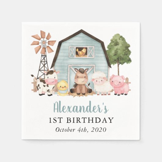 Farm Animals, Cute Animals, Barn, First Birthday Serviette (Vorderseite)