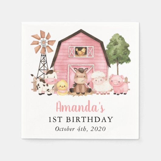 Farm Animals, Cute Animals, Barn, First Birthday Serviette (Vorderseite)