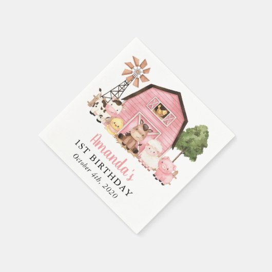 Farm Animals, Cute Animals, Barn, First Birthday Serviette (Ecke)