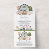 Farm Animals, Cute Animals, Blue Barn, Baby Shower All In One Einladung (Innen Boden)