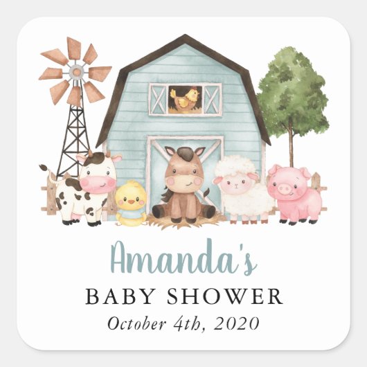 Farm Animals, Cute Animals, Blue Barn, Baby Shower Quadratischer Aufkleber (Vorderseite)