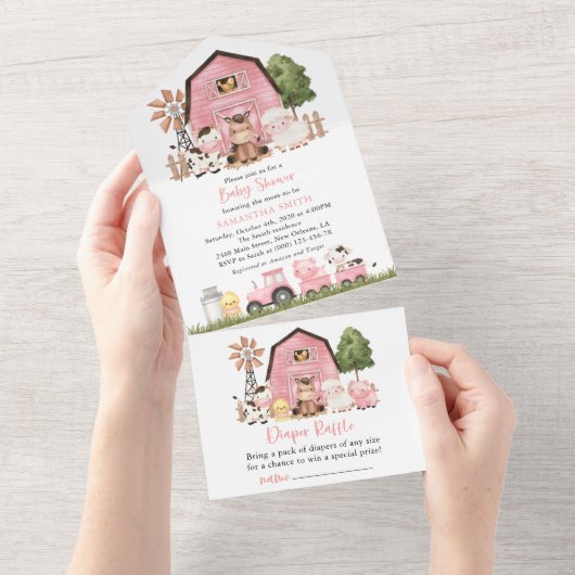 Farm Animals, Cute Animals, Pink Barn, Baby Shower All In One Einladung (Abreißen)