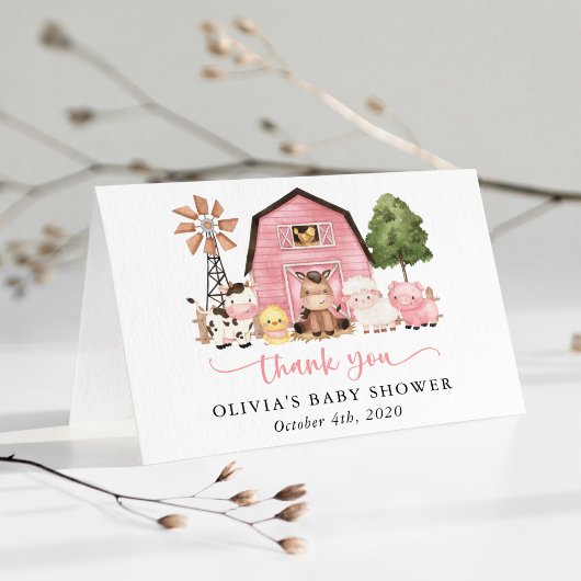 Farm Animals, Cute Animals, Pink Barn, Baby Shower Dankeskarte
