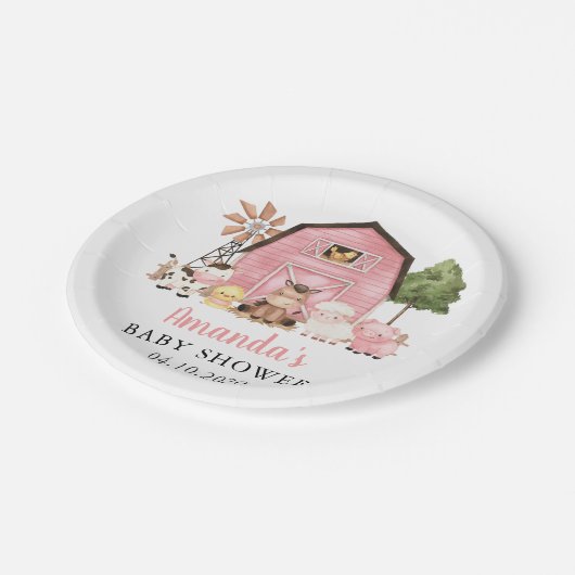 Farm Animals, Cute Animals, Pink Barn, Baby Shower Pappteller (Schrägansicht)