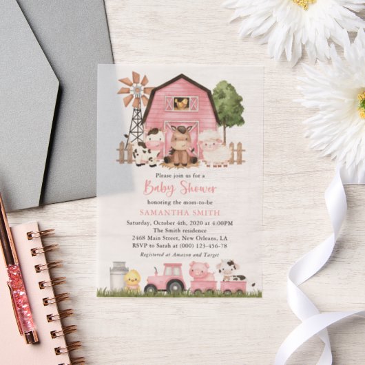 Farm Animals, Cute Animals, Pink Barn, Baby Shower Pergament Einladungen (Hochzeit)