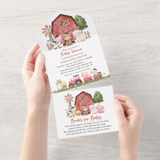 Farm Animals, Cute Animals, Red Barn, Baby Shower All In One Einladung (Abreißen)