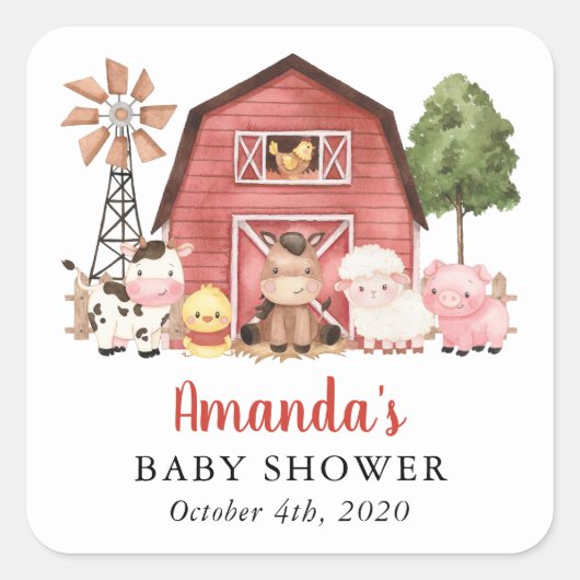 Farm Animals, Cute Animals, Red Barn, Baby Shower Quadratischer Aufkleber (Vorderseite)