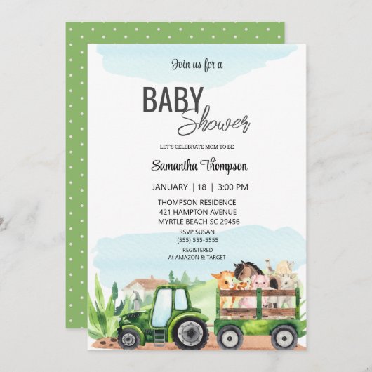   Farm Animals Green Tractor  Baby Shower     Einladung (Vorne/Hinten)