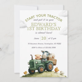Farm Animals Green Tractor Birthday  Einladung