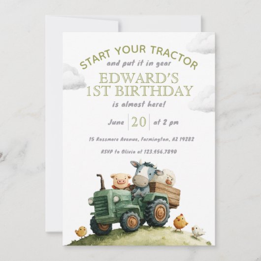 Farm Animals Green Tractor Birthday  Einladung (Vorderseite)