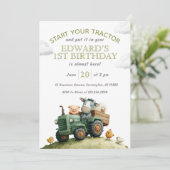 Farm Animals Green Tractor Birthday  Einladung (Stehend Vorderseite)