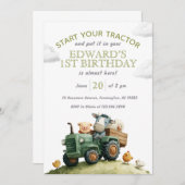 Farm Animals Green Tractor Birthday  Einladung (Vorne/Hinten)
