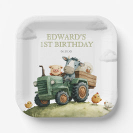 Farm Animals Green Tractor Birthday Pappteller