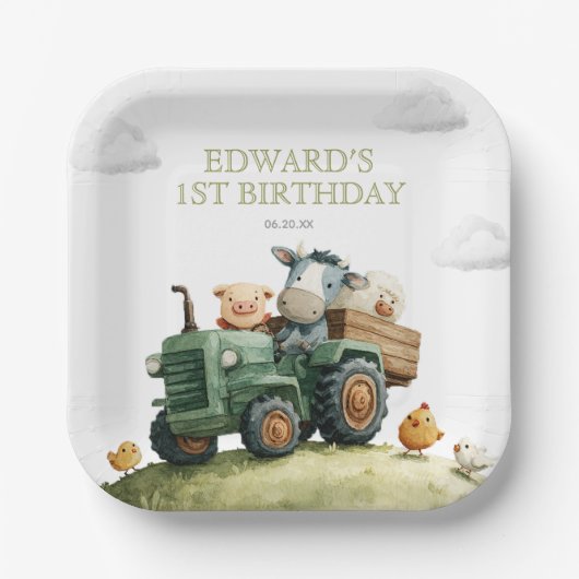 Farm Animals Green Tractor Birthday Pappteller (Vorderseite)