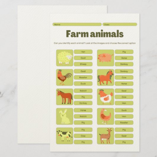 Farm Animals Identification Educational Worksheet Briefpapier (Vorne/Hinten)