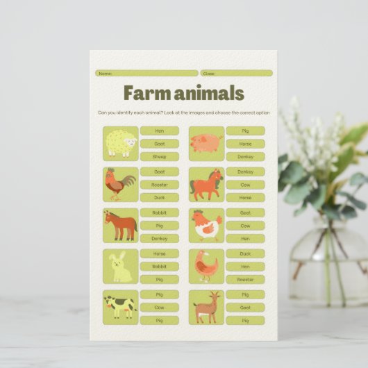 Farm Animals Identification Educational Worksheet Briefpapier (Stehend Vorderseite)