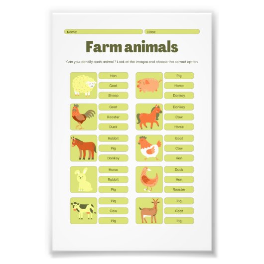 Farm Animals Identification Educational Worksheet Fotodruck (Vorne)
