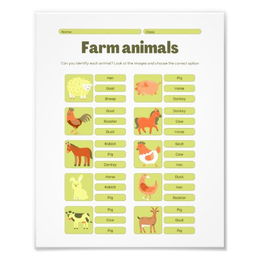 Farm Animals Identification Educational Worksheet Fotodruck (Vorne)