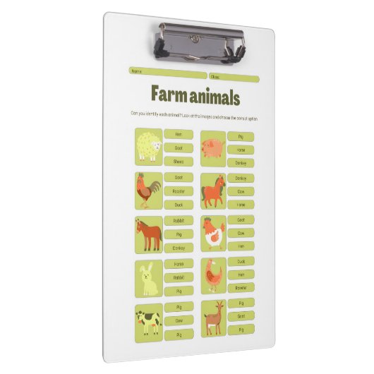 Farm Animals Identification Educational Worksheet Klemmbrett (Rechts)