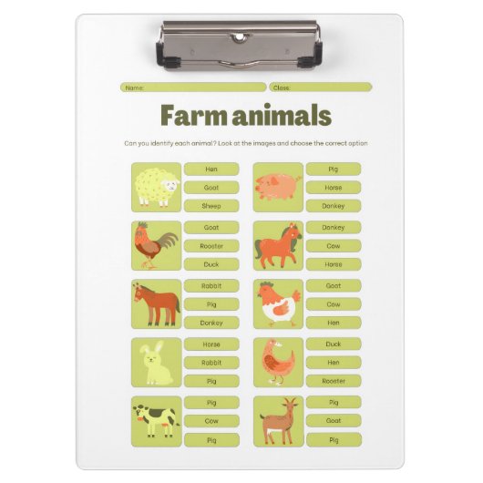Farm Animals Identification Educational Worksheet Klemmbrett (Vorderseite)